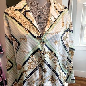 Victoria’s Secret silky scarf print button down.